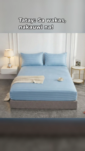 PASTEL BLUE PLAIN STRIPES Fully Garterized Bedsheet with 2 Pillowcase 100% Premium Canadian Cotton
