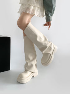 รองเท้าบู๊ตส์ทรงยาวสีขาว ทรงสูง ทรงหนา รองเท้าบู๊ตส์ทรงสูงสำหรับผู้หญิง ฤดูใบไม้ผลิและฤดูใบไม้ร่วง รองเท้าบู๊ตส์ทรงสูงแบบลำลอง