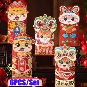 6PCS 2025 Chinese Sparkling New Year Angpao Red Envelopes Cartoon Snake Year Hongbao Money Pockets Lunar Spring Festival Blessing Lucky Money Bag for Kids Gift
