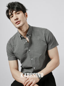Karesino Pure Cotton Breathable Mens Summer Business Plaid Shirt Casual Short Sleeve Iron-Free Shirt for Young Professionals