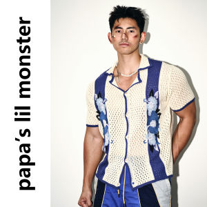 Papas lil monster | Áo Sơ Mi Nam Tay Ngắn Vintage Hoa Thêu MESH Ren Mỹ Cổ Điển
