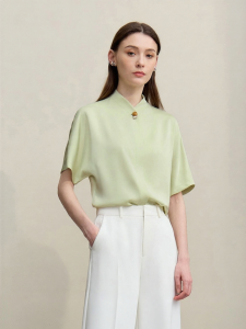 AMII | Summer New Style Pearl Wood Button Mandarin Collar Chiffon Blouse