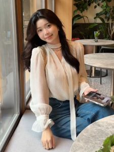 YUFUQING | Korean Style V-neck Shirt Womens Casual Striped Sash Design Autumn New Arrival Top Comfortable Commute Fashion Long Sleeve