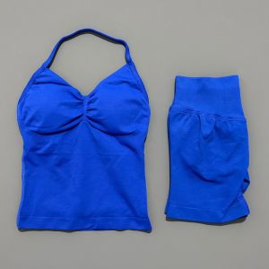 HISTELLO 2 Pieces Sports Set Women Backless Tank Yoga Tops Scrunch Seamless Shorts Sport Gym Set Sportswear Workout Set
