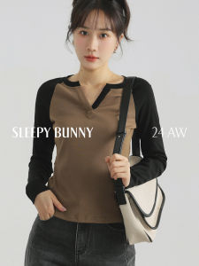 Slim Fit V-Neck T-Shirt Womens Casual Long Sleeve Autumn Top Color Block Contrast Design Base Layer Shirt Vintage Style