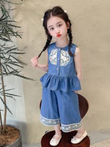 Girls Thin Embroidered Denim Set Summer 2024 New Style Versatile Top Wide Leg Pants Two Piece Set Fashionable Casual Wear