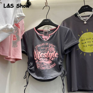 LS Show Childrens T-shirt Female Korean Summer Student Short Letter Ice Silk Drawstring V-neck Tight Elastic Short Sleeved T-shirt Top