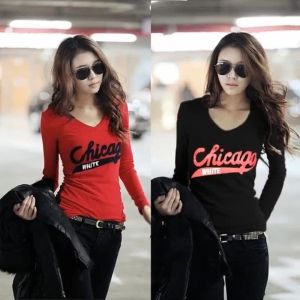 เสื้อยืดคอวีแขนยาวสำหรับผู้หญิงใหม่เสื้อยืดคอวีมีตัวอักษรผ้าฝ้ายบริสุทธิ์กระชับสัดส่วนและเข้ารูปฤดูใบไม้ผลิและฤดูใบไม้ร่วง