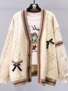 เสื้อสเวตเตอร์ถักผู้หญิง ทรงคาร์ดิแกน คอวี แขนยาว ปกโปโล ทรงหลวม ปกโปโล แขนยาว ปกโปโล เสื้อผ้าทำงาน ฤดูใบไม้ผลิ ฤดูใบไม้ร่วง