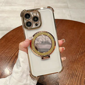 KISSCASE Plating Glitter Mirror Magsafe Bracket Clear Phone Case For iphone 15 14 13 12 11 Pro Max Plus Lens Protection Four Corner Anti-fall Transparent Soft TPU Shockproof Back Cover For iphone 15 14 13 12 11