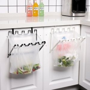 Foldable Iron Art Kitchen Cabinet Back Trash Bag Storage Rack Hanging Style Kitchen Waste Paper Basket Holder Household Cleaning Tool