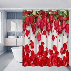 4/1 Rose Shower Curtain Set Toilet Seat Decoration Shower Curtain with Carpet and Toilet Lid Size 70.8x70.8 inches