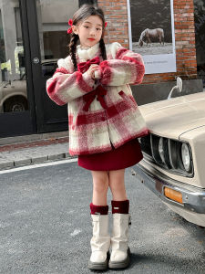 New Year Girls Outfit Autumn Winter Thickened Cotton Flannel Two-Piece Set with Stand Collar Long Sleeve Midi A-Line Skirt