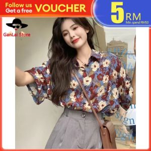 GanLai Women Shirt Design Sense Niche Hong Kong Style Floral Short Sleeve Shirt for Women Spring New Western Style All-Matching Casual Loose Top