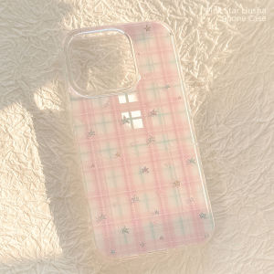 Korean Pink Green Grid Pattern Stars Phone Case for iPhone 16 15 14 13 12 mini 11 Pro Max XS XR X 7 8 Plus Shockproof Hard Cover