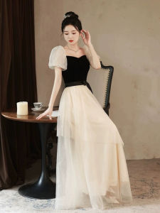 ชุดราตรีสุดหรูหรา ชุดราตรีสไตล์เกาหลี แขนสั้น กระโปรงยาวปานกลาง ผ้าไนลอนผสม ชุดราตรีสำหรับงานปาร์ตี้และงานแสดง