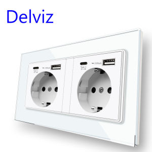 Delviz Type C USB Quick charging Socket Crystal glass panelEU standard Fast Charging USB Jack Wall Embedded dual power Outlet