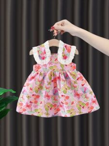 Princess Style Summer Dress for Girls Baby Clothes Cotton Blend Fabric Korean Style Print Long Sleeve Butterfly Knot Skirt