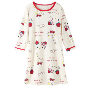 Princess Style Pure Cotton Long Sleeve Sleep Dress for Girls Cartoon Print Home Clothes Spring Autumn Seasonal Childrens Wear