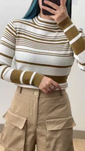 6081 Sandrine Stripes Turtle Neck Long Sleeves Knit Top Atasan Wanita Rajut