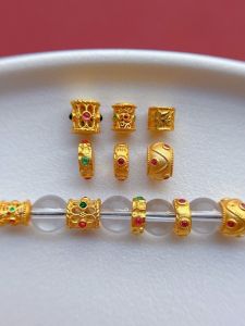 925 Antique Silver Plated Gold Accessories Engraved Red And Green Gemstone Spacer Beads DIY Jewelry Making Supplies