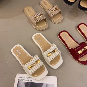Marche Shoe Store Womens Slide Sandals with Gold Buckle Detail in Black Red White and Beige.