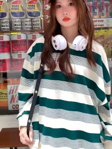 พร้อมส่ง เสื้อแขนยาวลายทาง เสื้อแขนยาวทรงโอเว่อร์ไซต์ ใส่สบายผ้าหนานุ่ม มีสี ชมพู เขียว