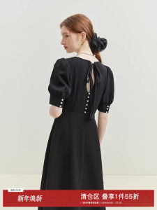 Elegant French Style Hollow out Dress Women Summer Back Bow Tie Dress High Waist Bubble Sleeve Midi Skirt Polyester Fiber