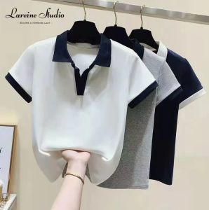 LAREINE Summer Womens Blouse Top Korean Style V-Neck Lapel Contrast Short Sleeve T-Shirt Polo Shirt Women