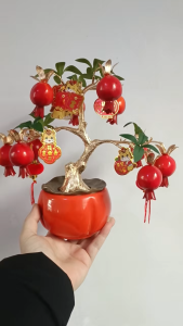 New Year Lucky Bonsai Tree – Artificial Orange/Pomegranate Tree 30cm Wide Golden Branches Tiger Ornaments & Auspicious Blessings
