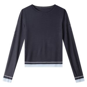 Vimly | Color-blocked Slimming T-Shirt Female Gray Round Neck Autumn