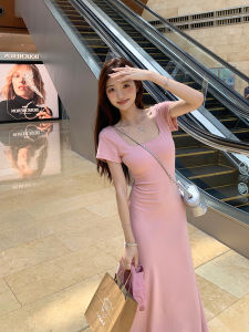 Pure Desire Pink Short Sleeve Dress Women Summer Spicy Girl with Chest Pad Elegant Square Collar Waist Inward Slim A-Line Long Dress