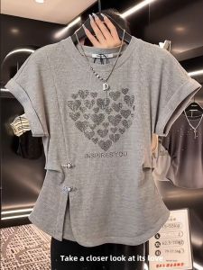 Plus Size Side Slit Ruched Nipped-Waist Short-Sleeved T-shirt Summer New Arrival Plus Size Ladies Slimming Slim Fit Design Blouse Women