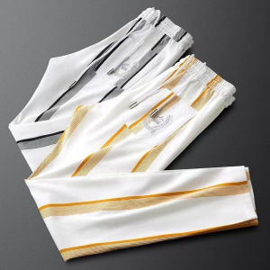 Elegant Slim Fit Striped Casual Pants for Men Breathable Lightweight Summer Fashion Embroidered Straight Leg Trousers