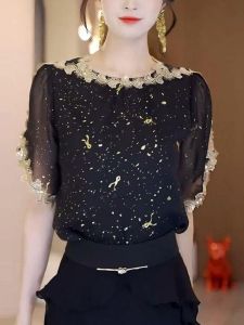 Áo Sơ Mi Voan Tay Ngắn Cổ Tròn Thường Ngày Mùa Hè 2024 Áo Sơ Mi Nữ Cao Cấp Thiết Kế Thanh Lịch Tay Mỏng Áo Khoác Đầu