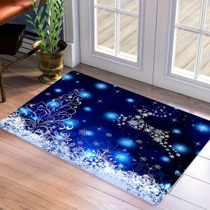 VIKAMA Christmas Rug Reindeer Snowflake Doormat Suitable for Living Room and Bedroom Holiday Decor Blue Festive Rug