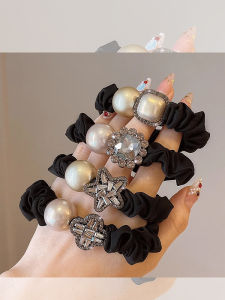 ริบบิ้นผมทรงหางม้าระดับไฮเอนด์ ริบบิ้นยางยืดทรงกลมประดับลูกปัดเทียม ริบบิ้นยางยืดสำหรับตกแต่งผมสไตล์เกาหลี