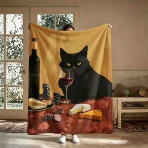 BILIBILI | Wine Cat Portrait Flannel Blanket Perfect for Sofa Office Bed Travel Sleep Read Relax Camping Four Season Use