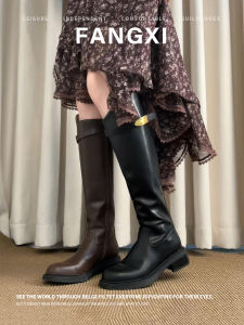 V-Tipped High Knight Style Women Thick Soled Below Knee Round Toe Heeled Boots