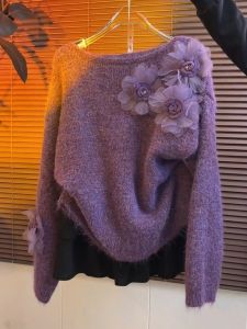 YUFUQING | Atmospheric Purple 3D Flower Knit Sweater for Women Autumn Winter Fashion Loose Soft Youthful Sweater