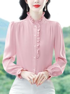 Womens Satin Long Sleeve Shirt Stand Collar Flounce Hem Drapey Spring Autumn French Style Inner Wear Base White Top