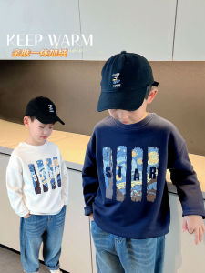 เสื้อสเวตเตอร์คอปกกลมบุขนแกะสำหรับเด็กผู้ชาย ฤดูใบไม้ร่วง/ฤดูหนาว เสื้อผ้าเด็ก ผ้าฝ้ายผสมโพลีเอสเตอร์ อบอุ่น ลำลอง ไม่มีหมวก