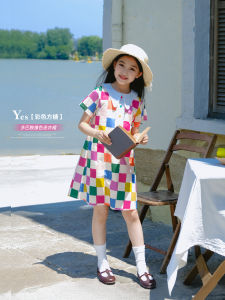 Rainbow Candy Girls Dress Childrens Dopaamine Color Block Skirt Short Sleeve Cotton Summer Fashion Korean Style Kids Clothing