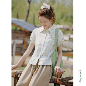 Floral Print Pure Cotton Loose Womens Shirt B774 Summer New Style Country Style Loose Fit Cotton Blouse Short Sleeve Turn-down Collar