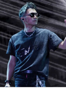 Washed Black Grey Reflective Heavyweight Evolution Concert T-Shirt Supportive Clothing for All Seasons Short Sleeve round Neck