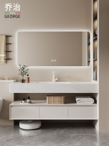 Seamless Ceramic One-Piece Basin Bathroom Cabinet Combination Modern Minimalist Style Rock Board Bent Intelligent Bathroom Mirror Included