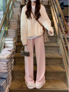 Quần Ống Rộng Dệt Kim Mềm Mại Màu Hồng Cho Nữ Mùa Xuân Thu Phong Cách Mới Quần Dài Thường Ngày Cotton 100% Dáng Rộng