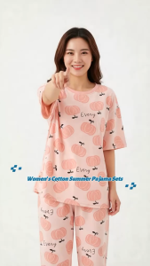 Womens summer pajamas short-sleeved long pants round neck loose fit skin-friendly