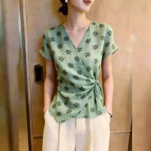 KUNAILIN | Commuter Style V-neck Short Sleeve Top Fashionable Casual Green Leaf Print Waist Tying Large Size