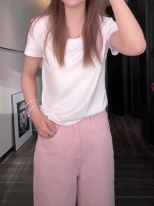 White Linen U-Neck Short Sleeve T-Shirt Womens Summer New Style Elegant Unique Beautiful Single Wear Comfortable Straight Cut